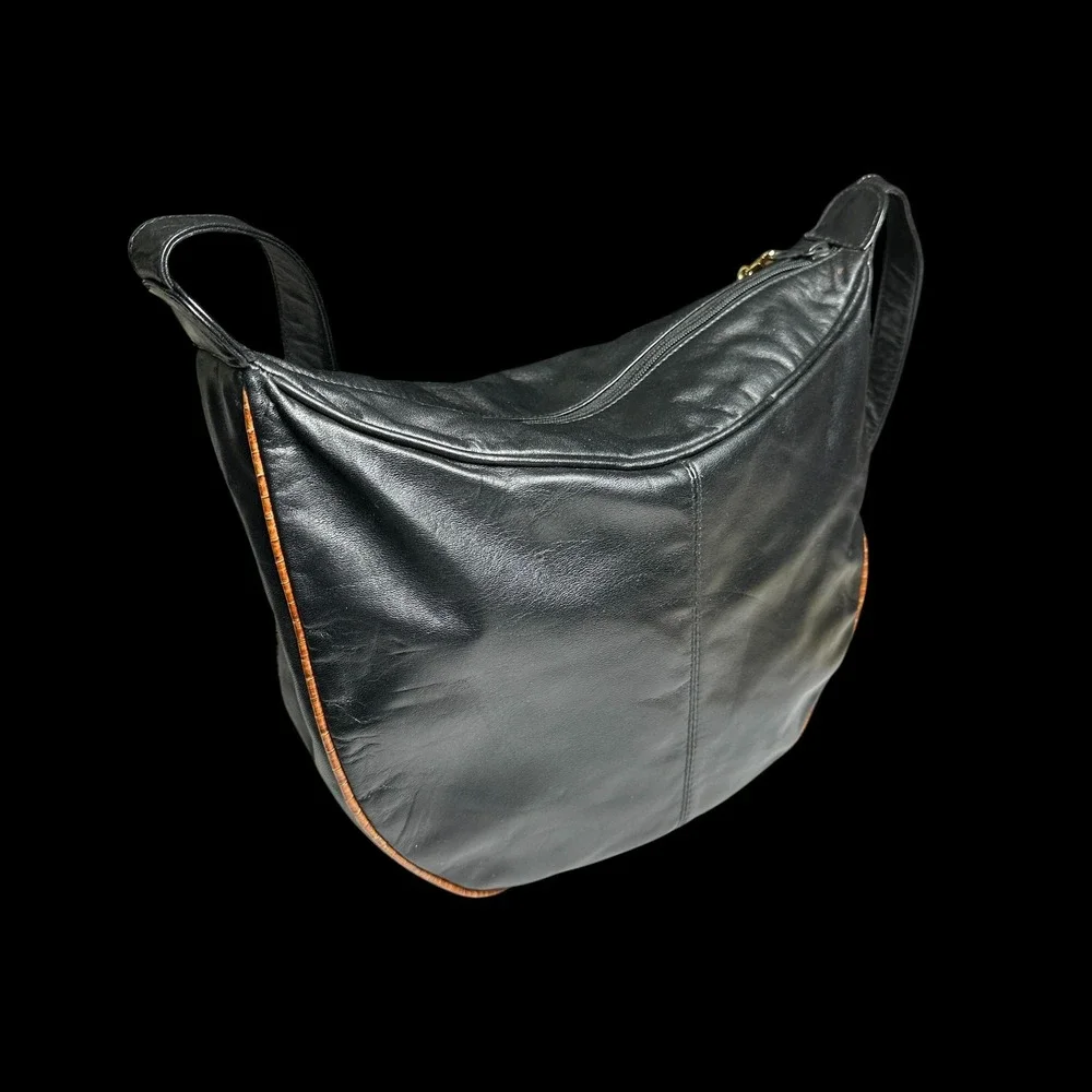 Vintage Rappi Handmade Black Leather Brown Snakeskin Patchwork Hobo Shoulder Bag